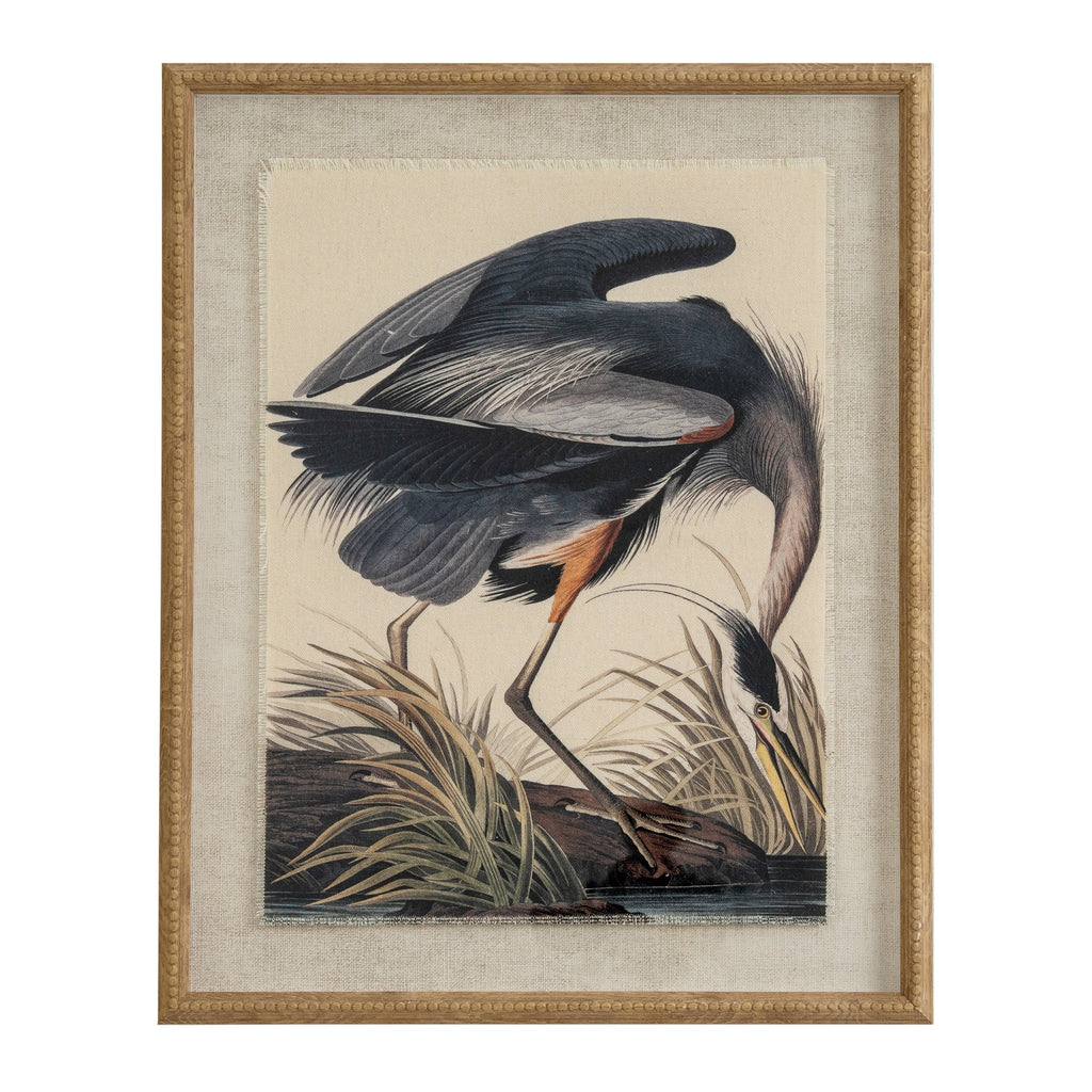 Heron On Linen In Beaded Frame, Wall Art