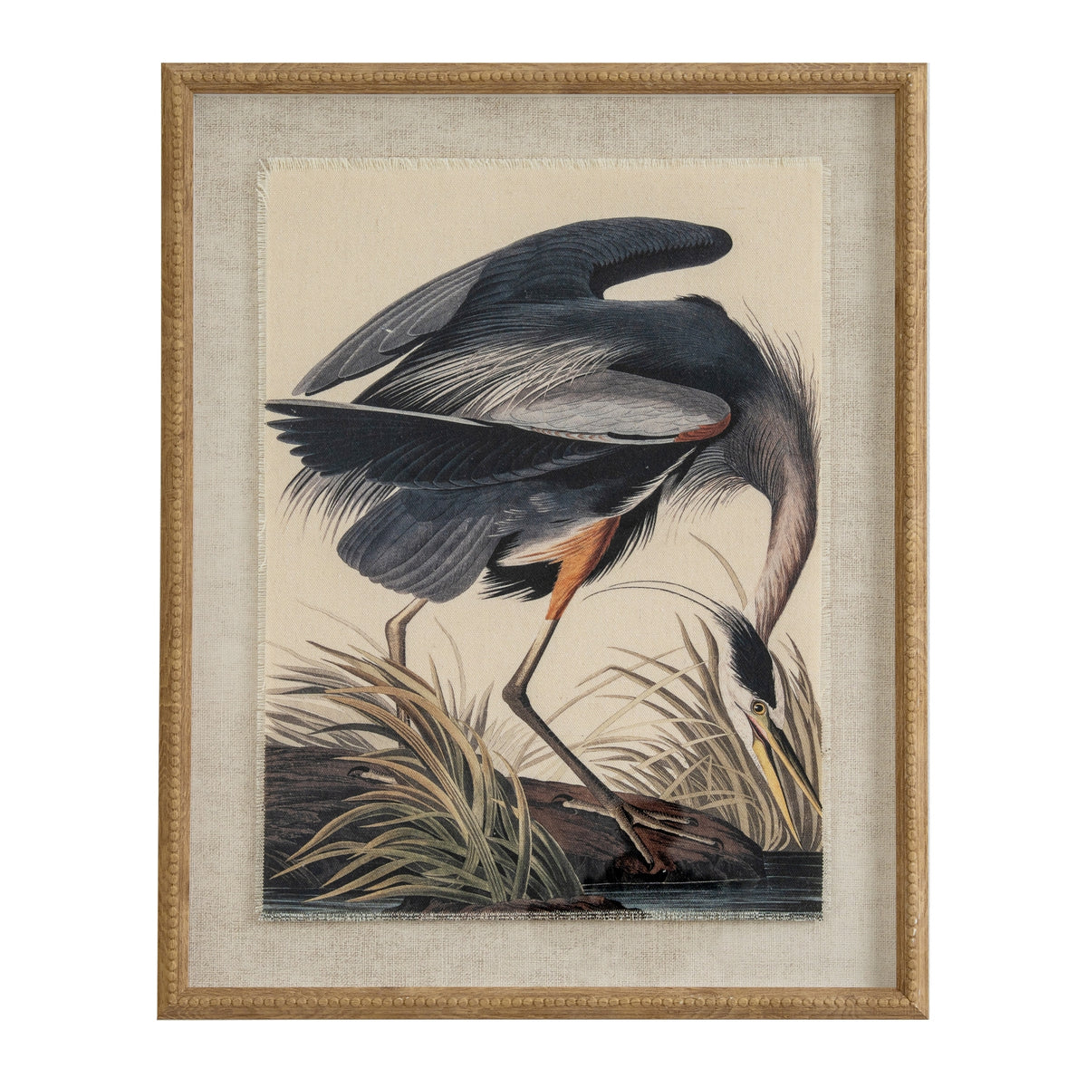 Heron On Linen In Beaded Frame, Wall Art