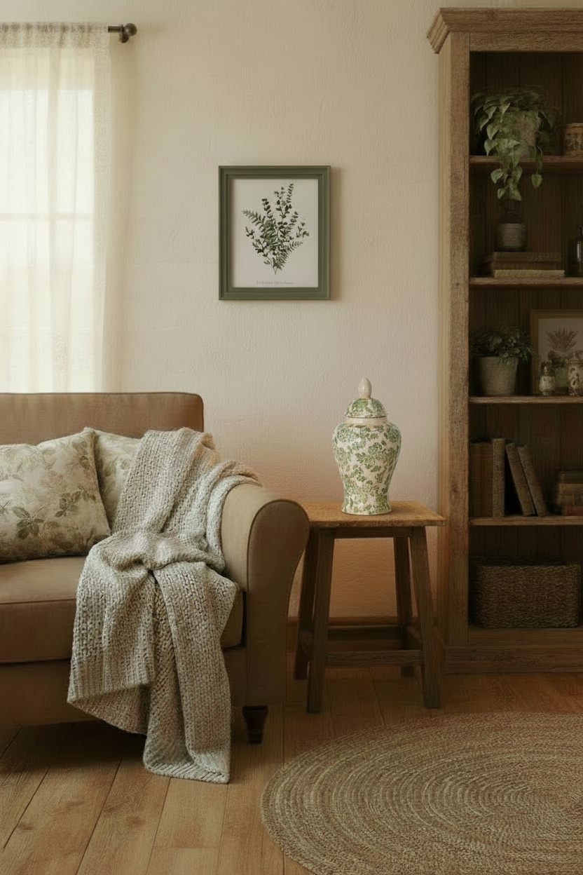 8x10 sage green frame with proportionate ginger jar on side table in cottage living room
