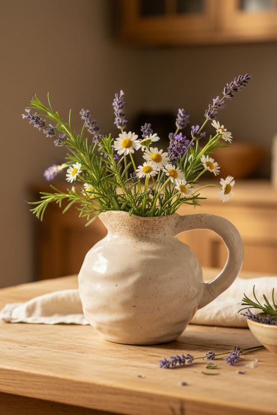 Beba Jug styled with wildflowers in warm kitchen setting