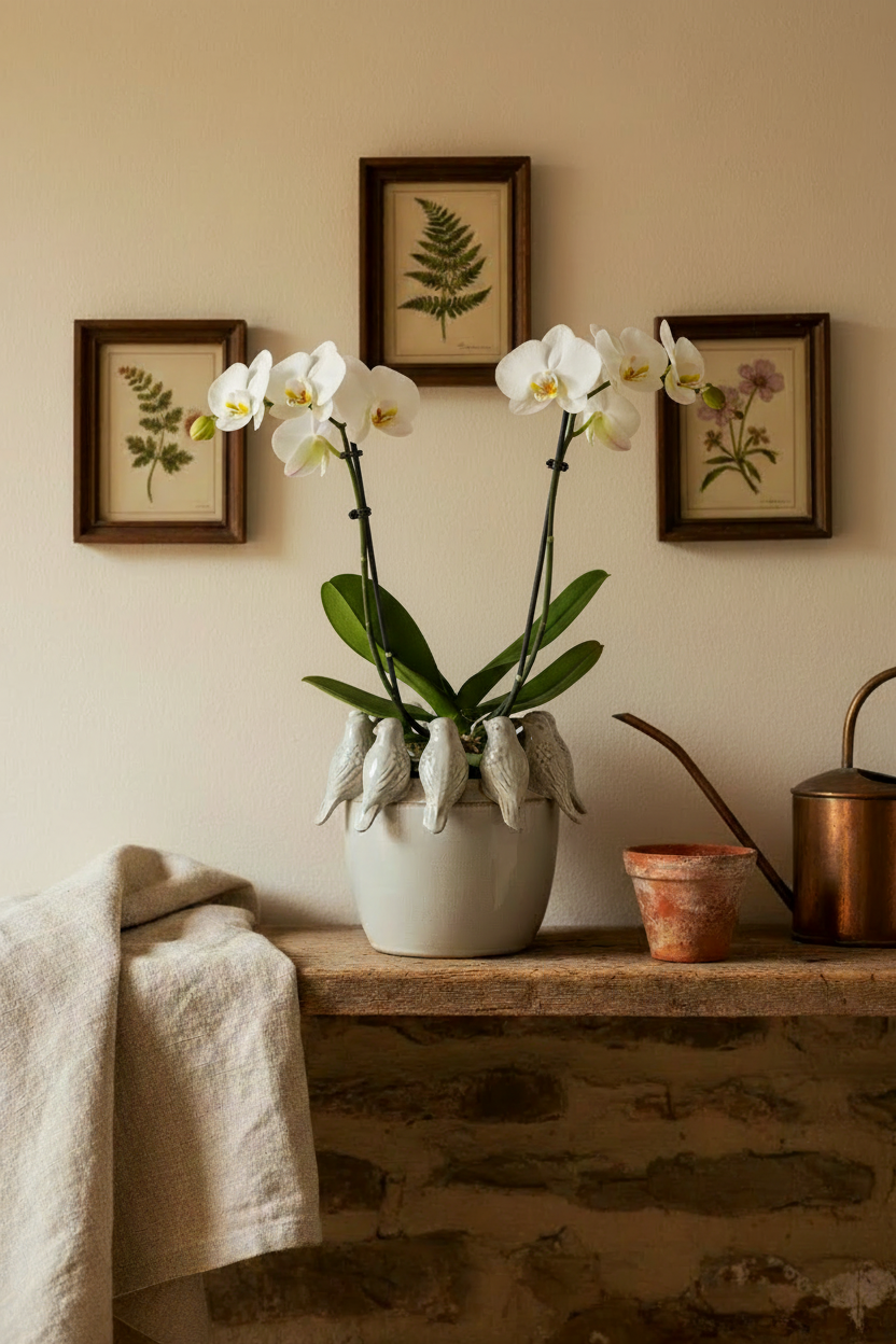Bird Rim Planter with orchid on a shelf - 2:3