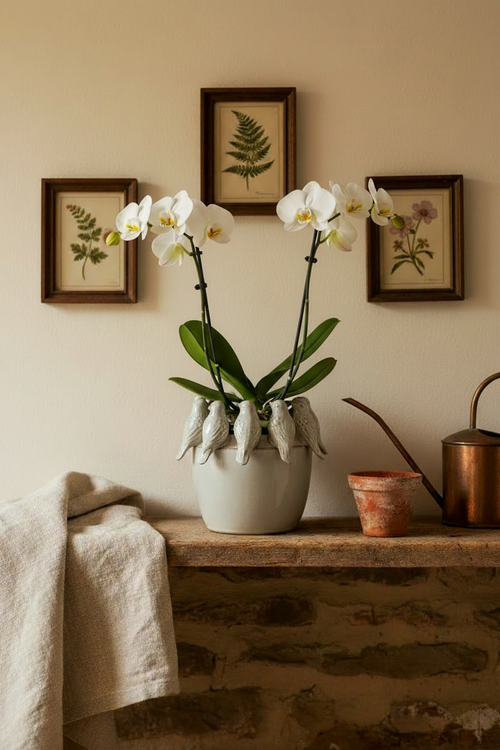 Bird Rim Planter with orchid on a shelf - 2:3