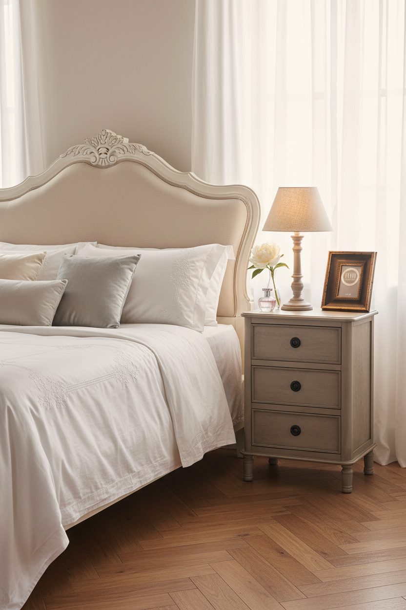 Black and gold frame in French bedroom with grey washed three-drawer bedside chest