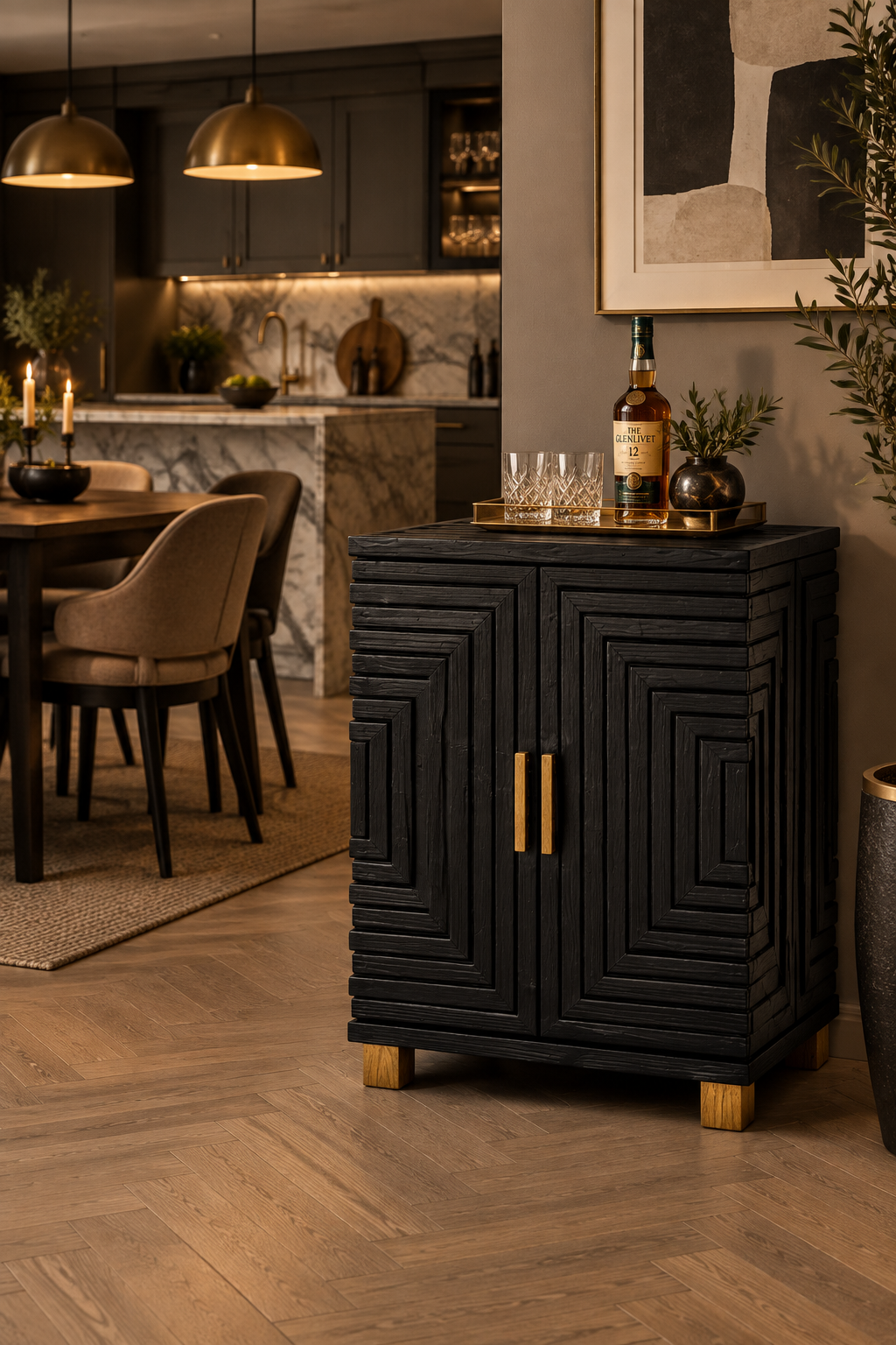 Black geometric Art Deco cabinet styled as a drinks cupboard in a trendy kitchen-dining area