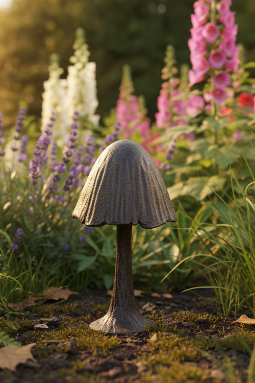 Cast Iron Mushroom nestled in lush British cottage garden