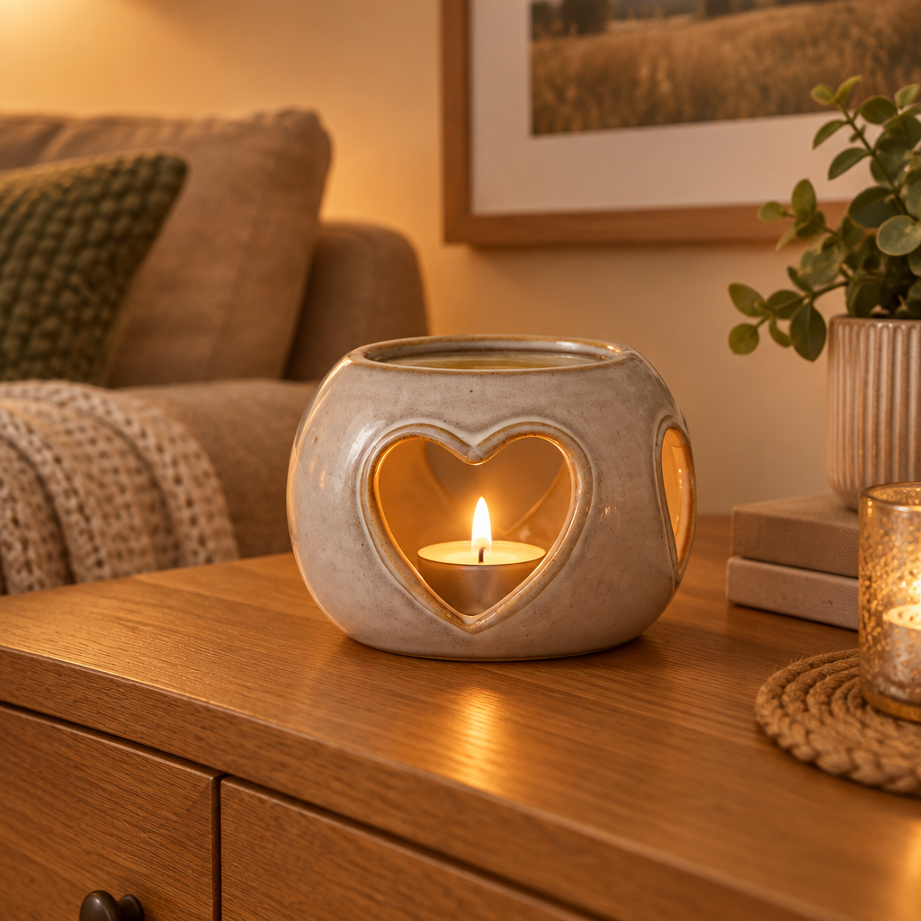 Ceramic heart oil burner on a sideboard in a cosy living room