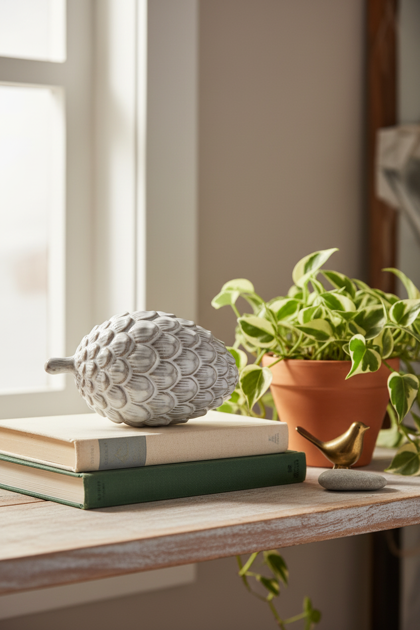 Ceramic White Reactive Glaze Pinecone on a shelf