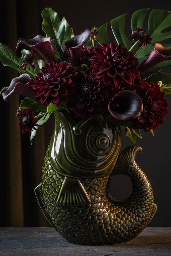 Dark Green Fish Vase in rich moody editorial setting