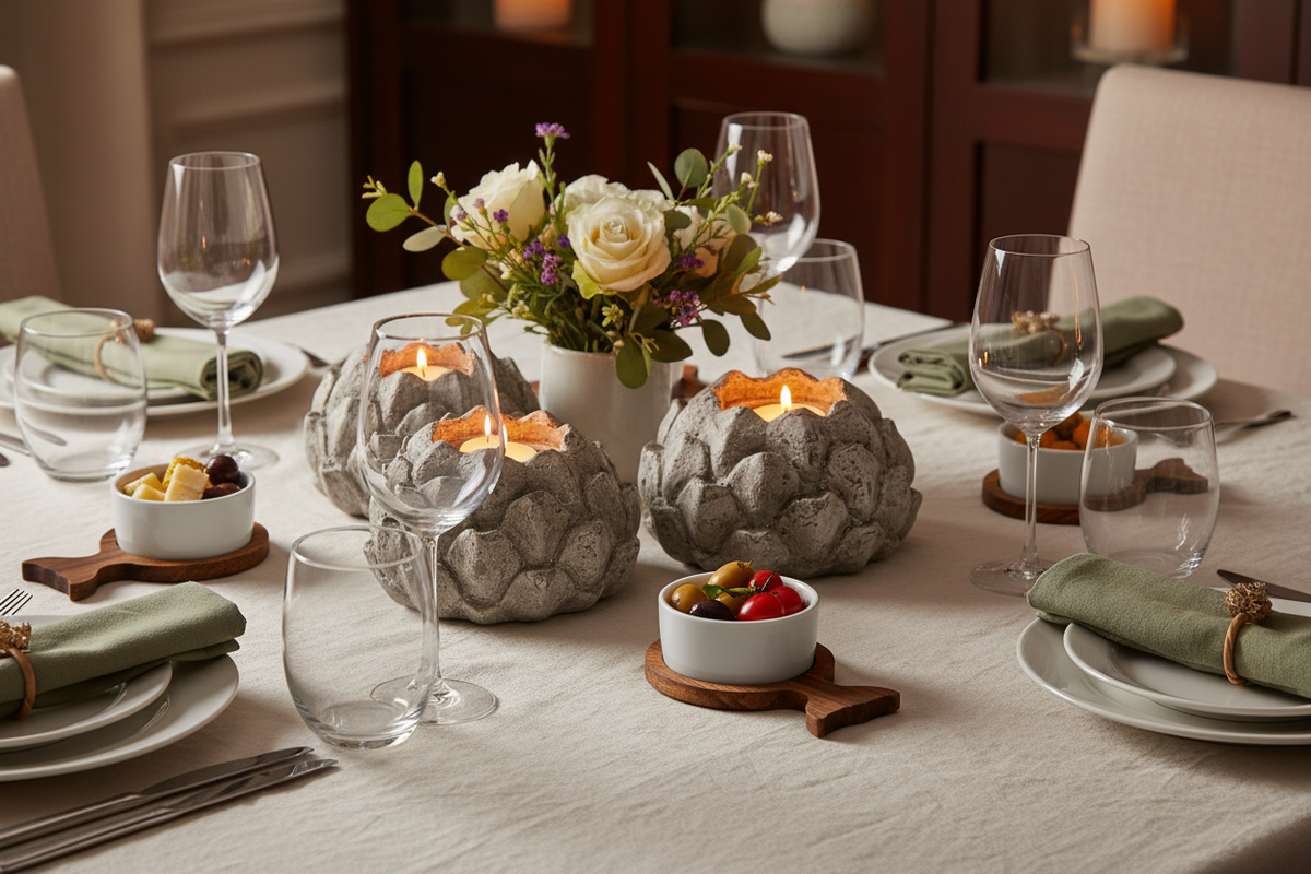 Dinner party table with stone artichoke candle holders and ramekins