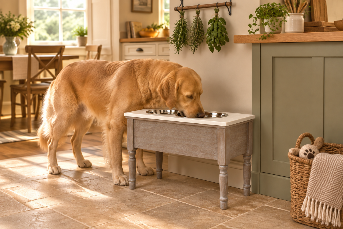 Elevated wooden pet feeding station in a warm family Shaker kitchen with a golden retriever