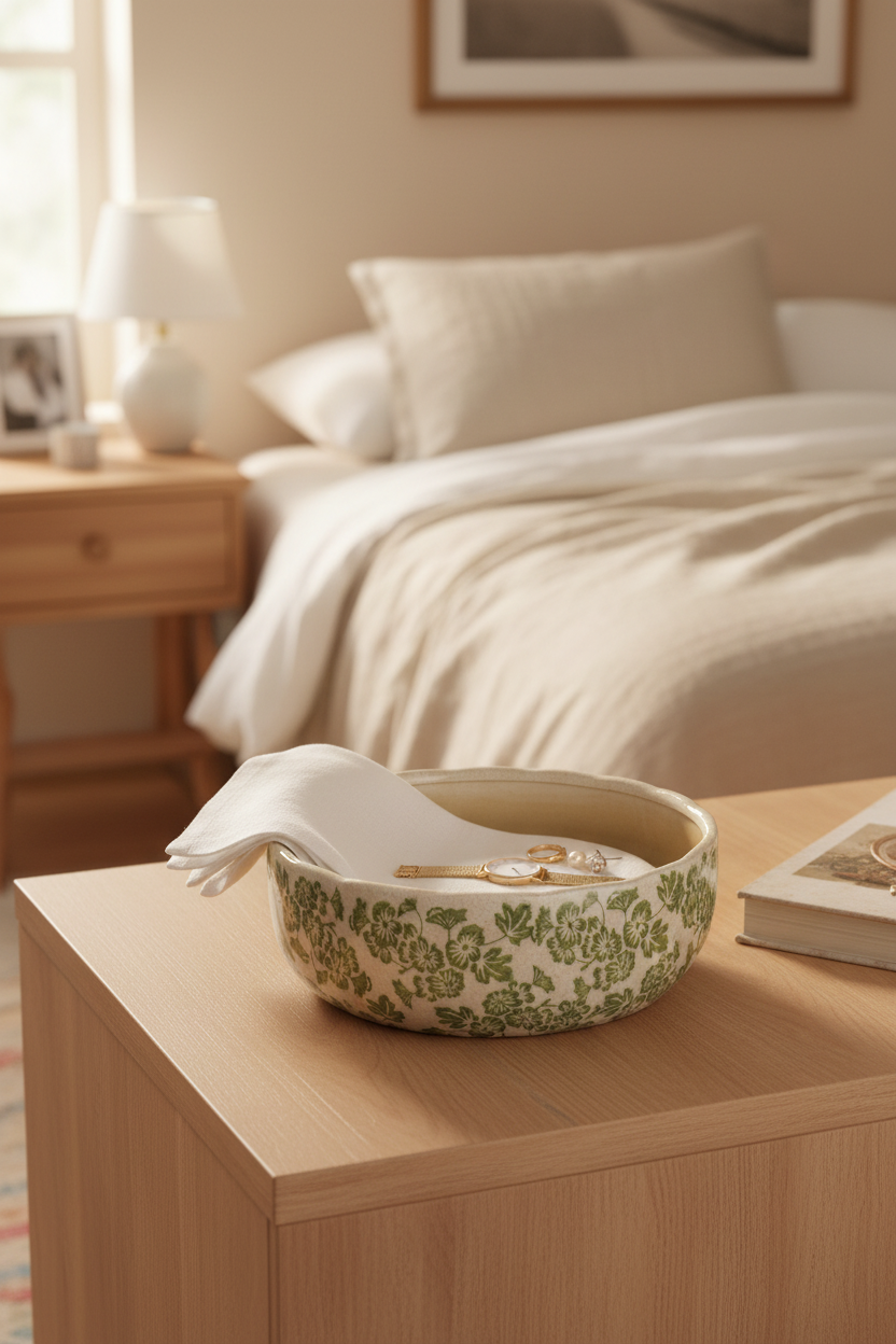 Green Floral Bowl as Bedroom Tray — Original Image