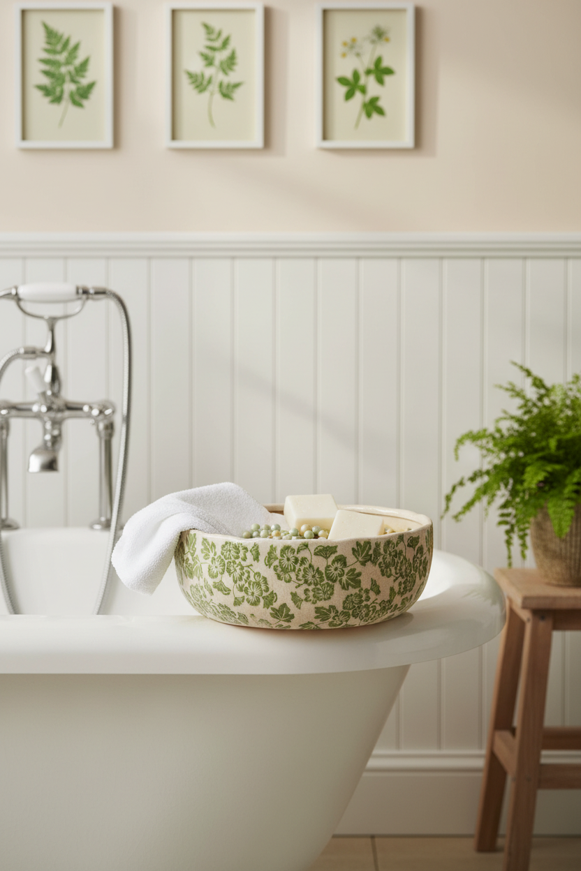 Green Floral Bowl in Bathroom Setting