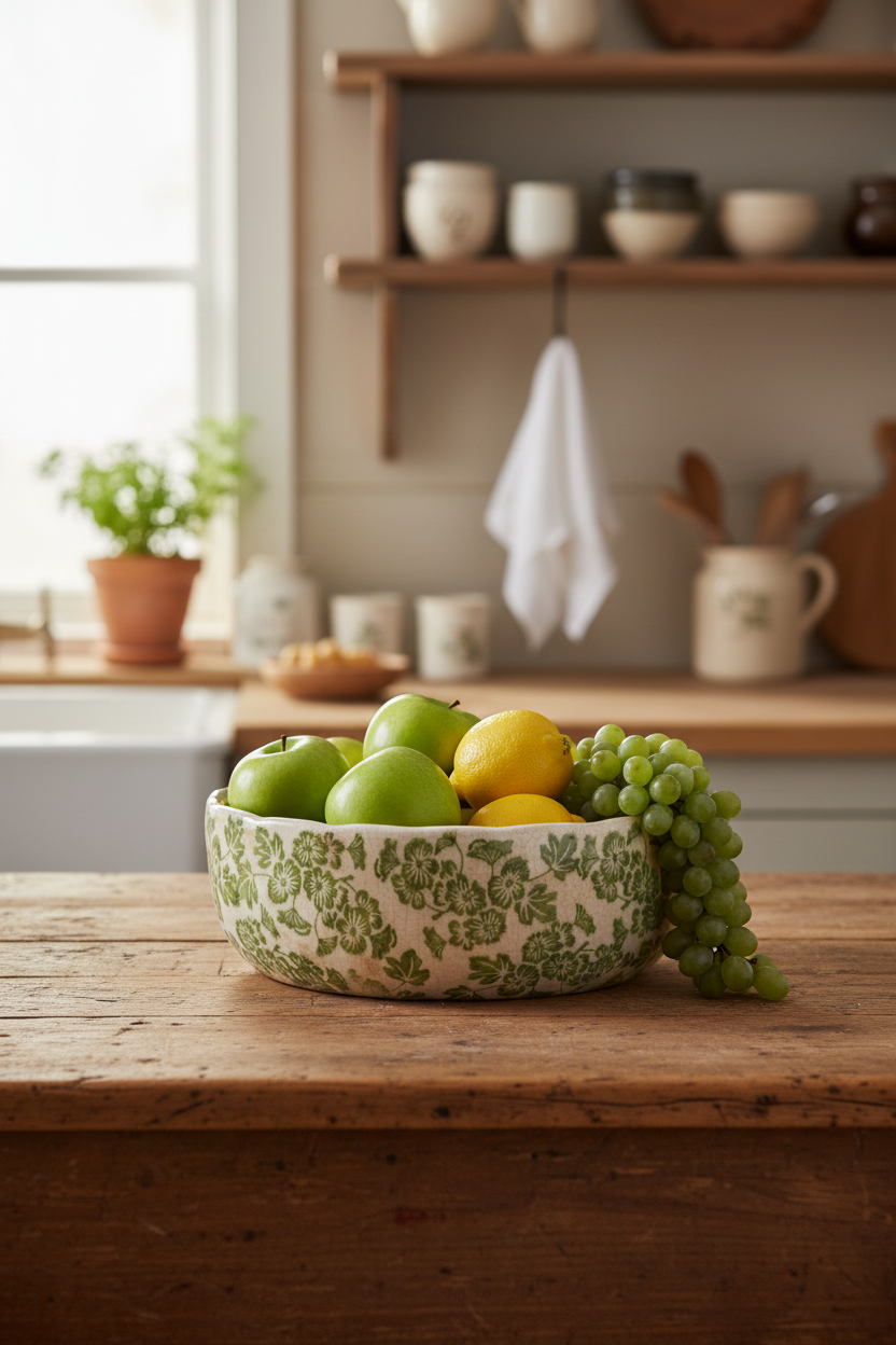 Green Floral Bowl with Fruit in Country Kitchen