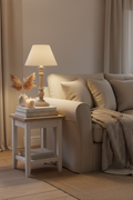 Grey washed candlestick lamp on a coffee side table in a cottage living room