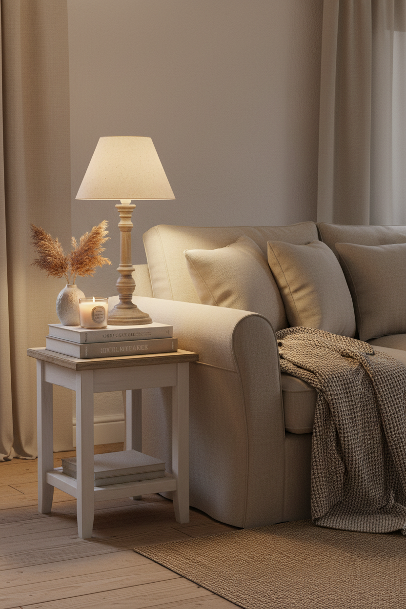 Grey washed candlestick lamp on a coffee side table in a cottage living room