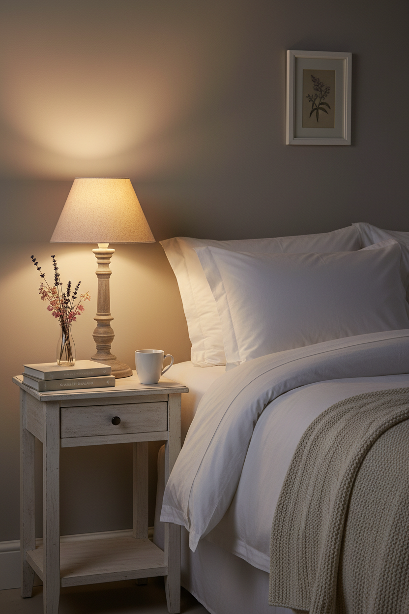 Grey washed candlestick lamp on a cottage bedroom bedside table