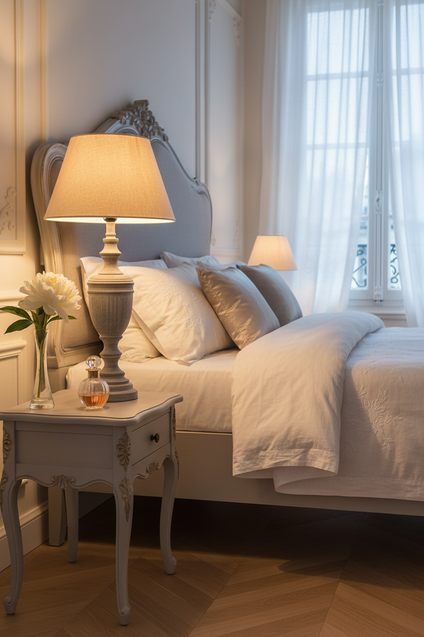 Grey whitewashed urn lamp on a bedside table in a French style bedroom