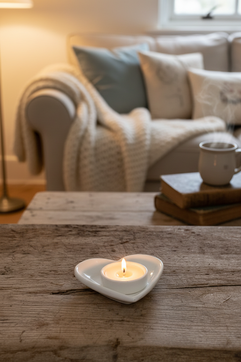 Heart candle holder in a cosy living space
