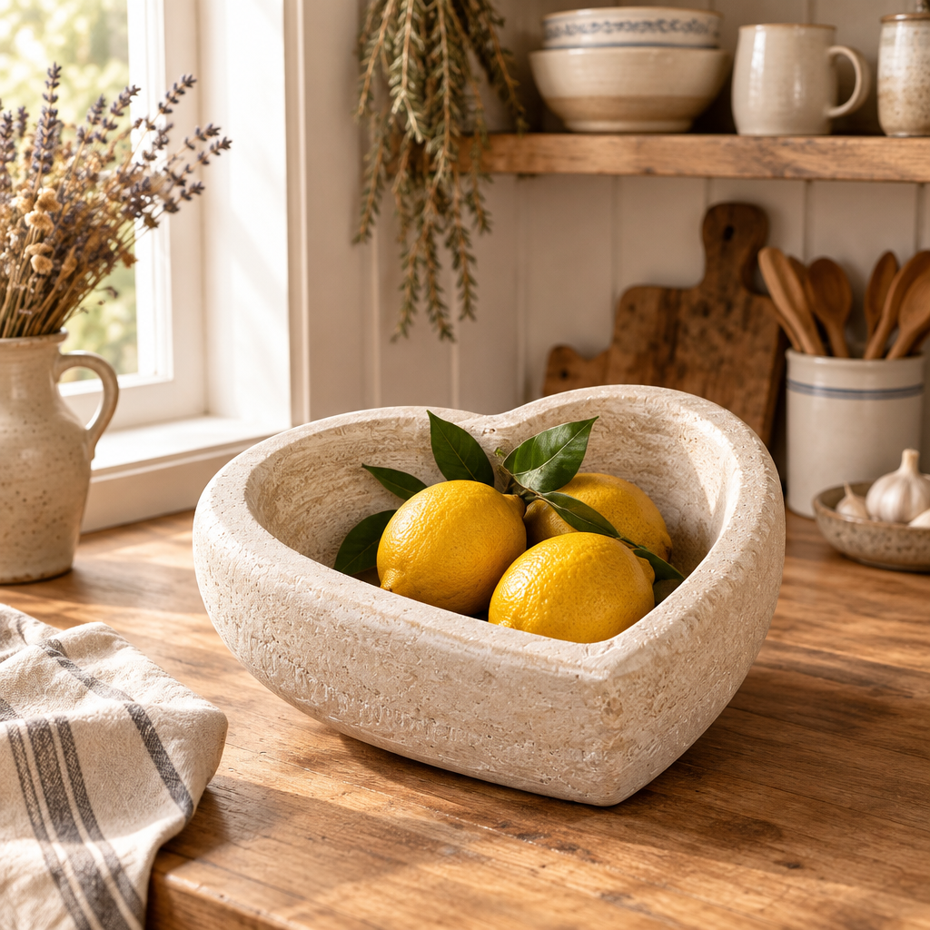 Heart-shaped stone bowl in a cottage style kitchen