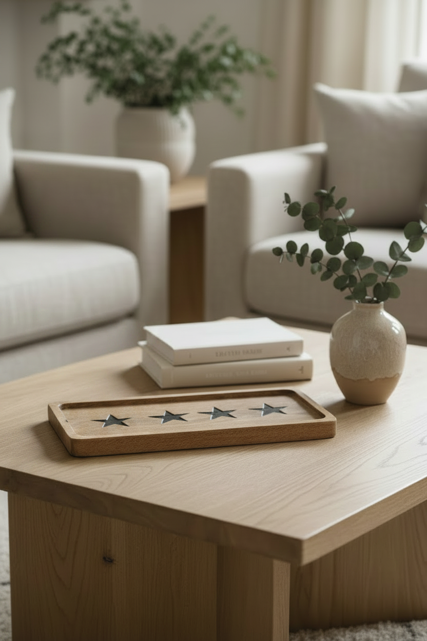 Star Design Wooden Tray styled on a coffee table with books and a vase