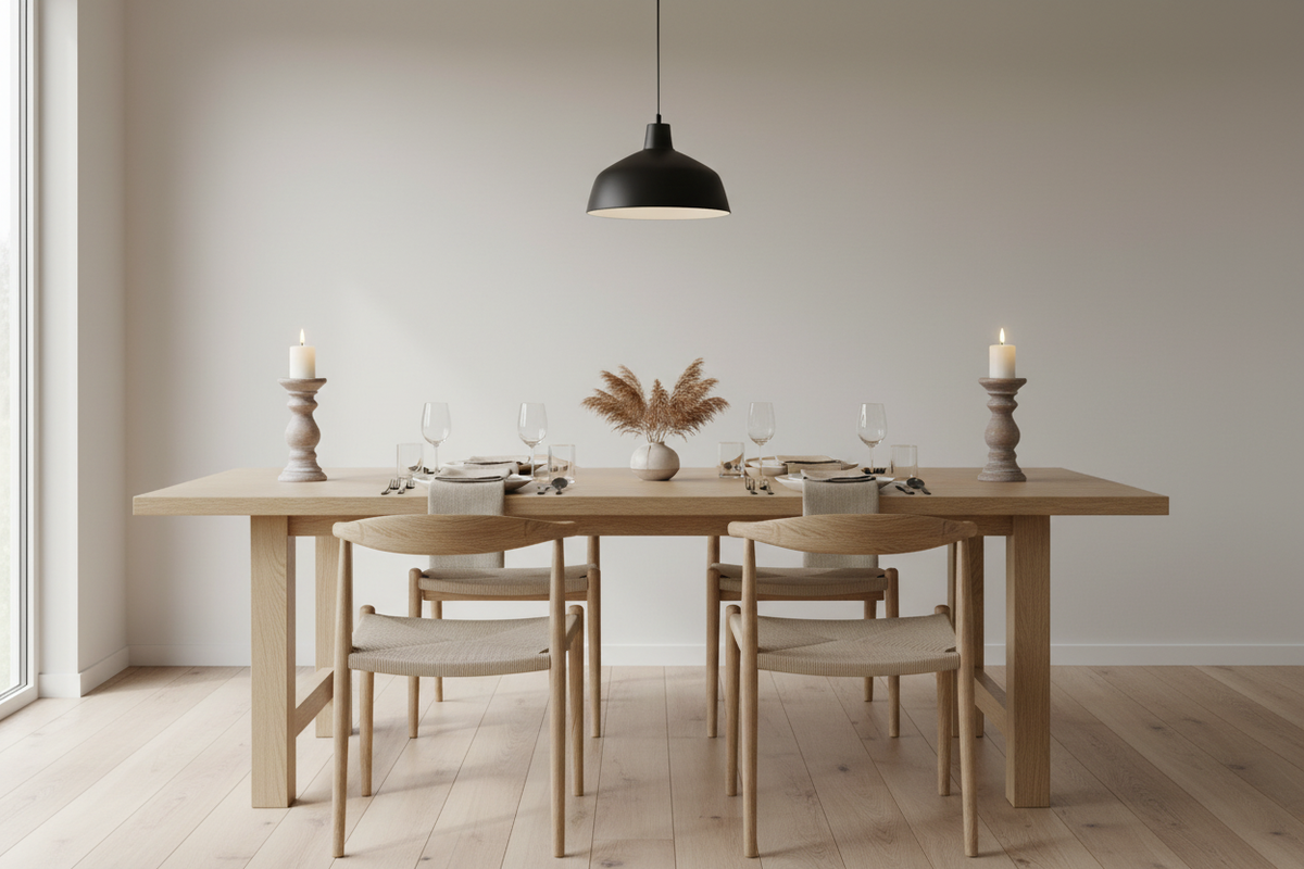 Modern dining table set for four with candle holders at each end