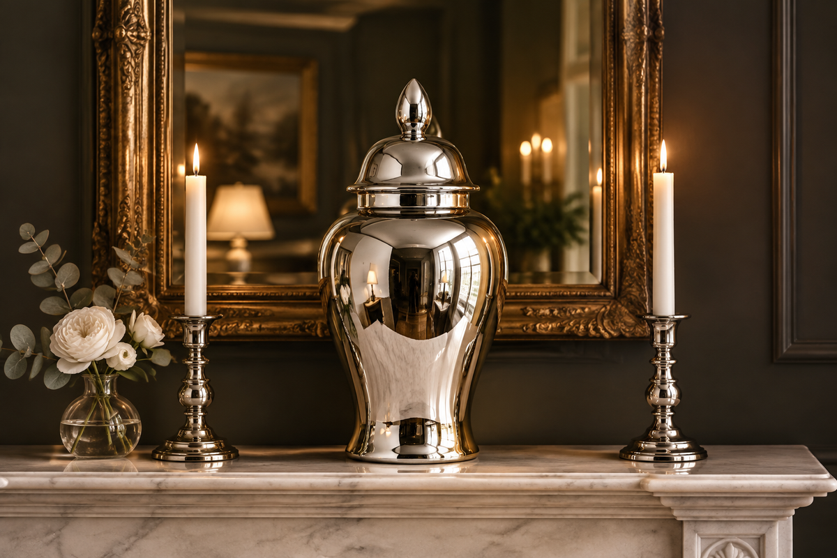 Polished silver ginger jar styled on a mantelpiece as a statement decor piece