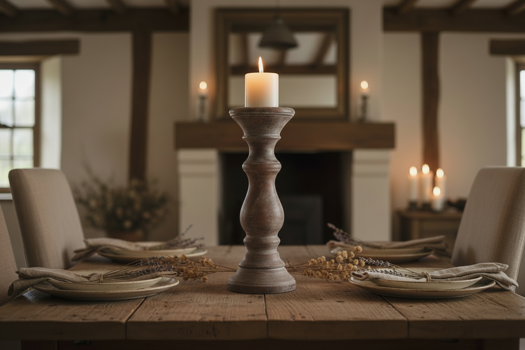 Rustic mango wood candle holder as solo centrepiece on farmhouse dining table, no surrounding candles