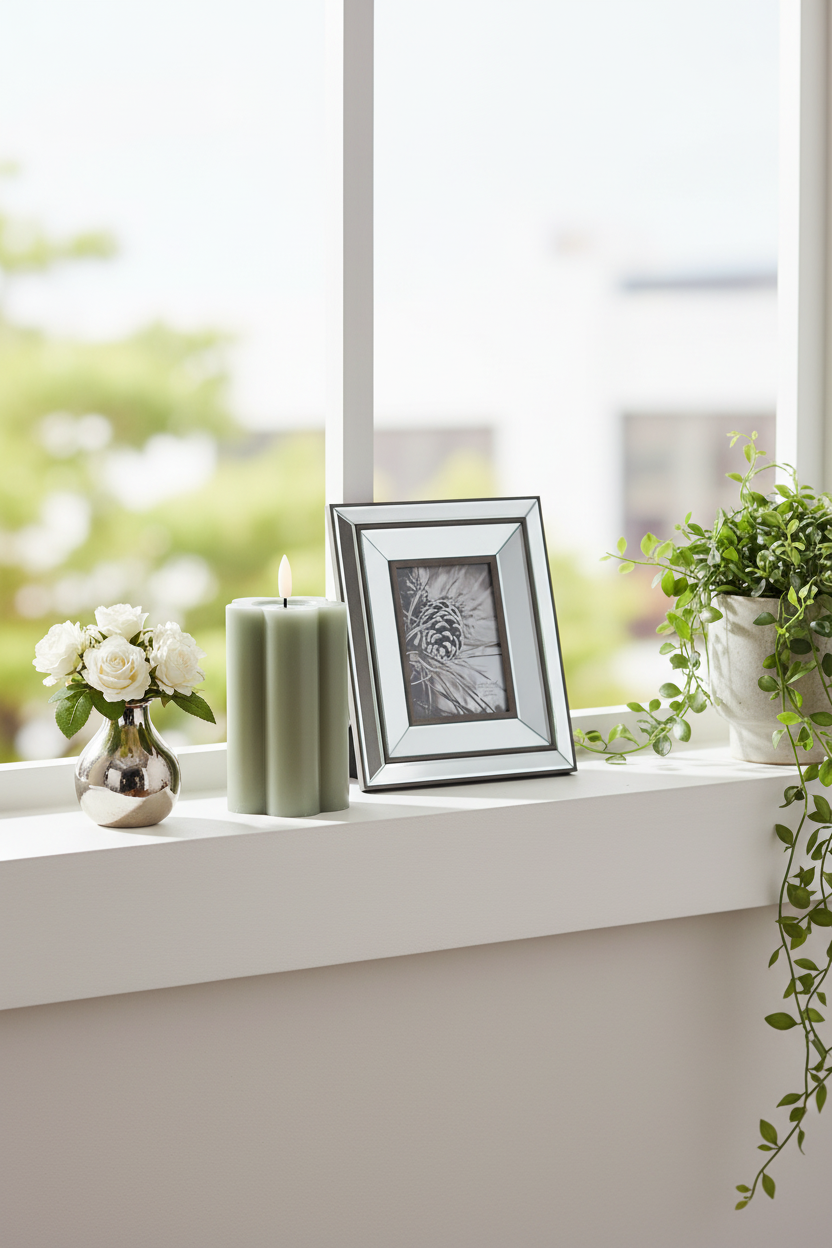 Sage green flower candle and mirrored frame on a modern windowsill with natural daylight