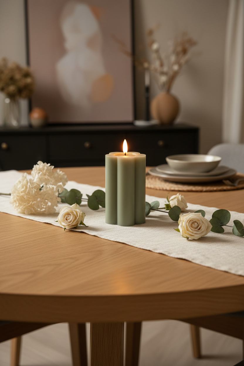 Sage green flower LED candle as centrepiece on a tabletop