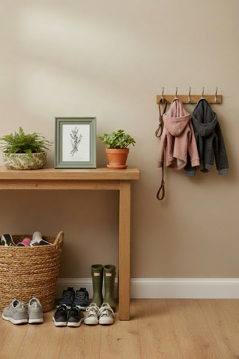 Sage green frame and ceramic floral bowl on console table in family hallway