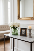 Sage green glass vase as hero on marble console table in Parisian living room