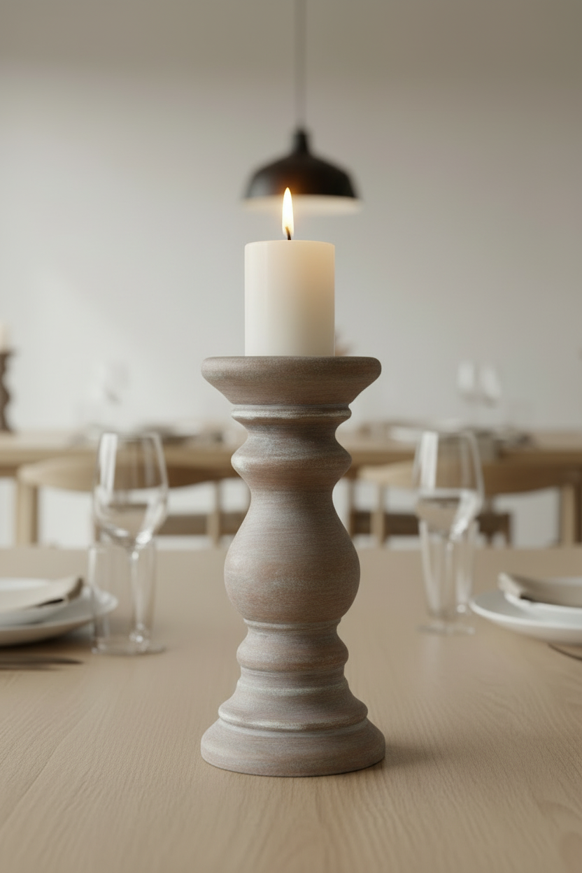 Single whitewashed mango wood candle holder close up on a modern dining table