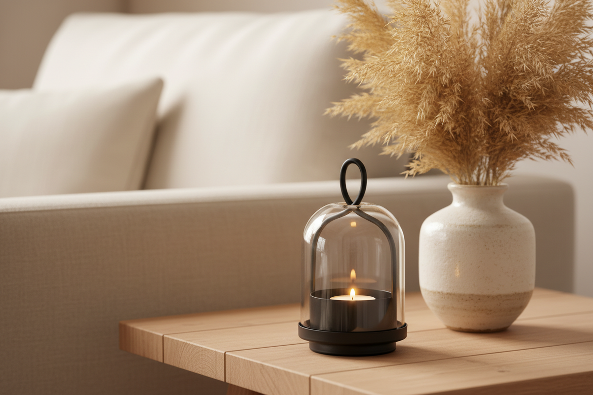 Small black dome lantern dwarfed by pampas grass vase on a wooden side table