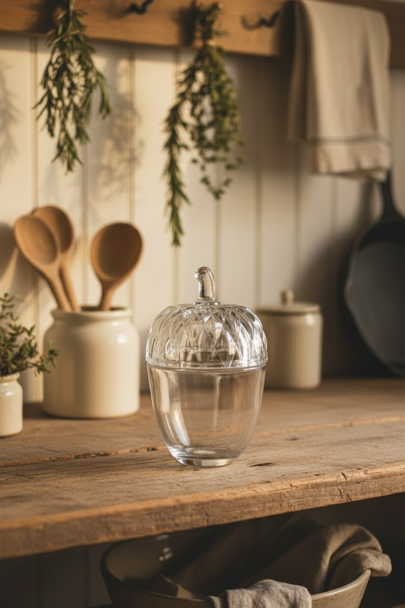 Small Glass Acorn Pot in a cottage kitchen - 2:3