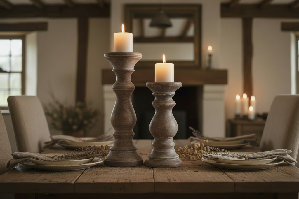 Tall and short mango wood candle holders as a pair on farmhouse dining table
