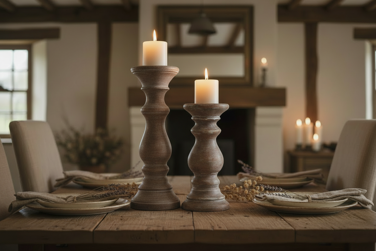 Tall and short mango wood candle holders as a pair on farmhouse dining table