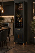 Tall black bar cabinet with wine rack and stemware holder in a modern kitchen-dining setting