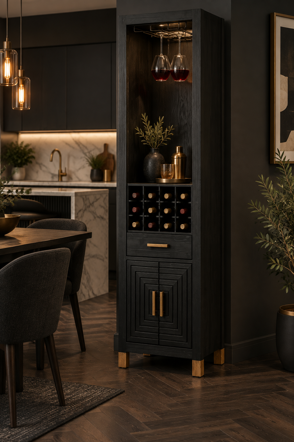 Tall black bar cabinet with wine rack and stemware holder in a modern kitchen-dining setting