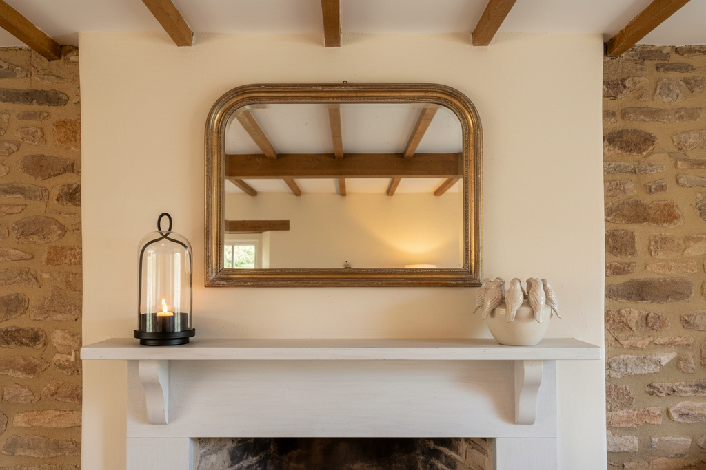 Tall lantern and bird bowl on a cottage mantelpiece with exposed stone wall and vintage mirror