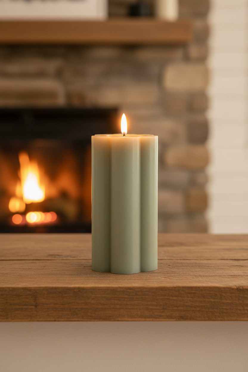 Tall sage green flower candle solo close up on a farmhouse mantel