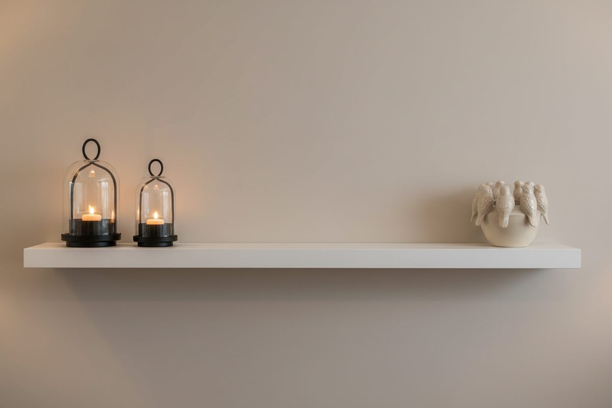 Two lanterns and bird bowl on a white painted shelf with no fireplace