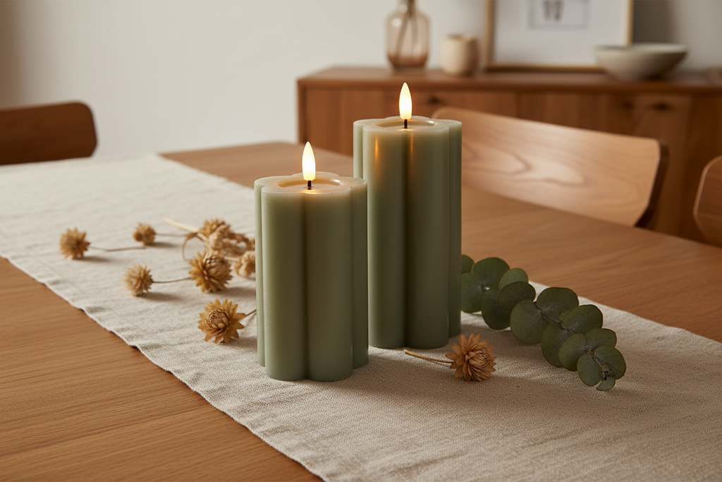 Two sage green flower LED candles as a pair centrepiece on a wooden tabletop