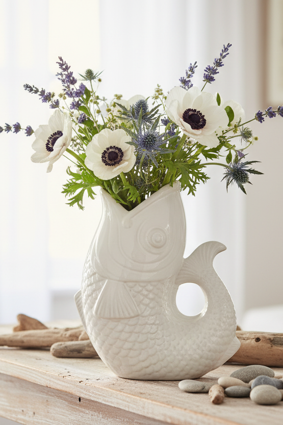 White Fish Vase in elegant coastal interior setting