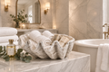 Whitewashed clam shell bowl styled in a luxury marble bathroom