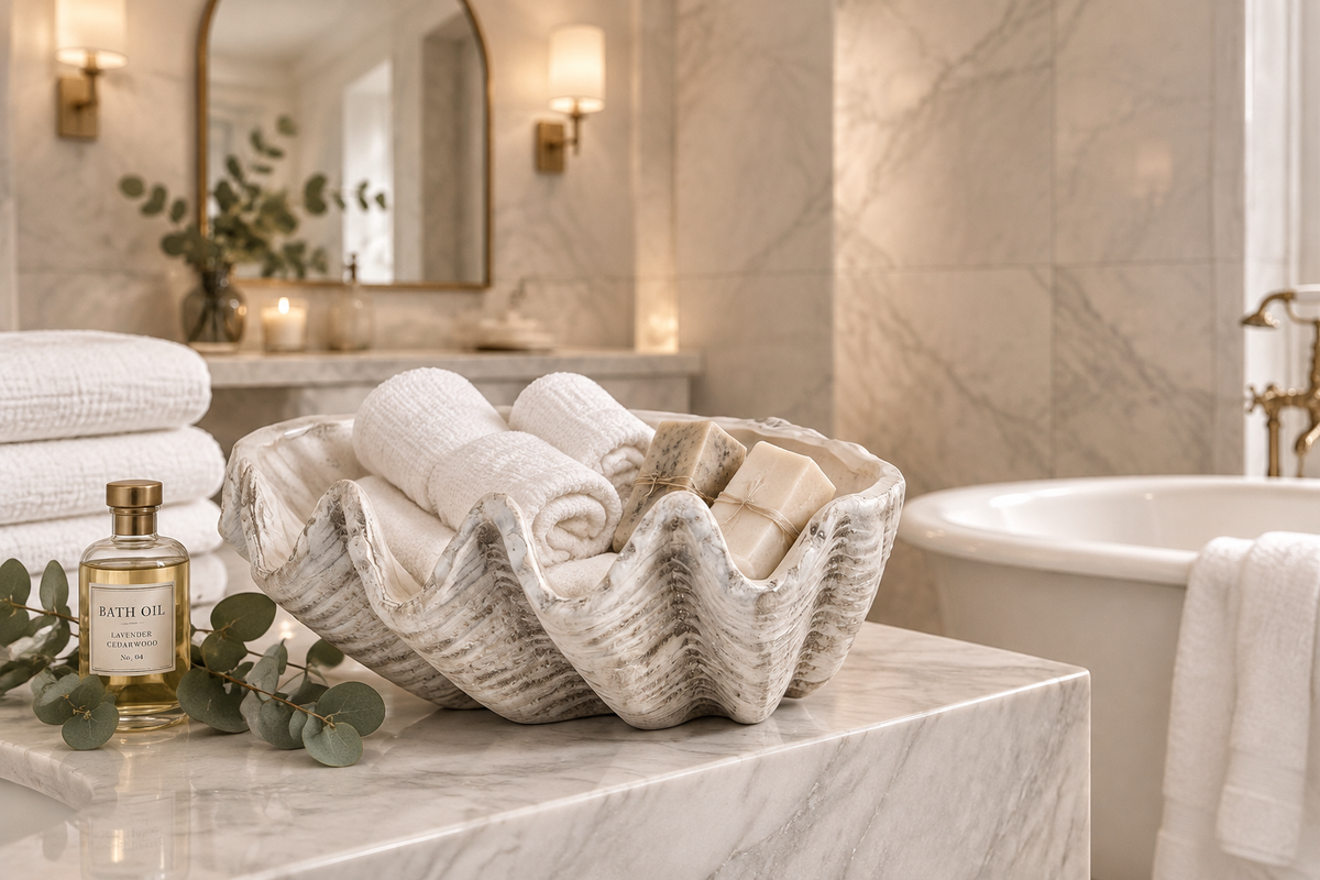 Whitewashed clam shell bowl styled in a luxury marble bathroom