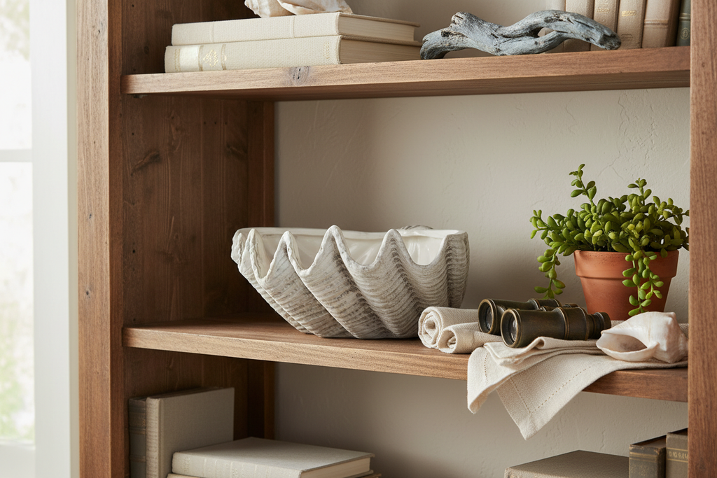 Whitewashed clam shell bowl styled on a wooden bookshelf