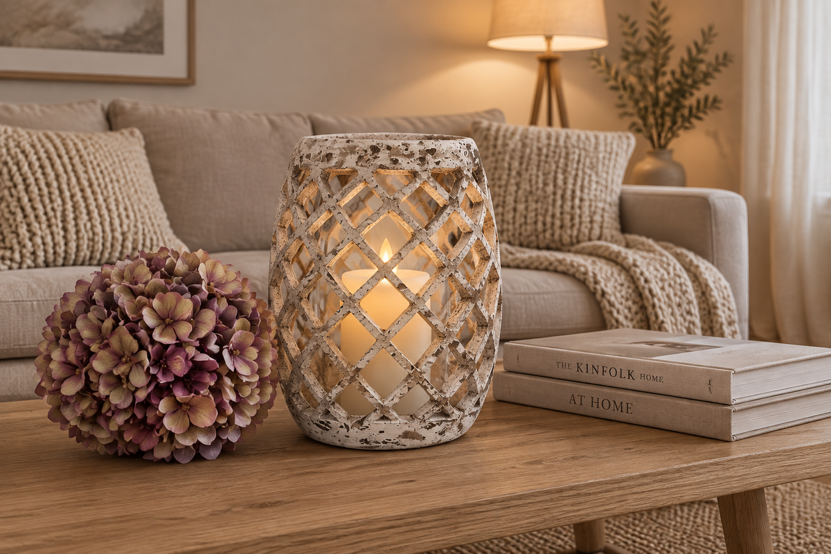 Whitewashed lattice lantern as centrepiece on a Scandi oak coffee table