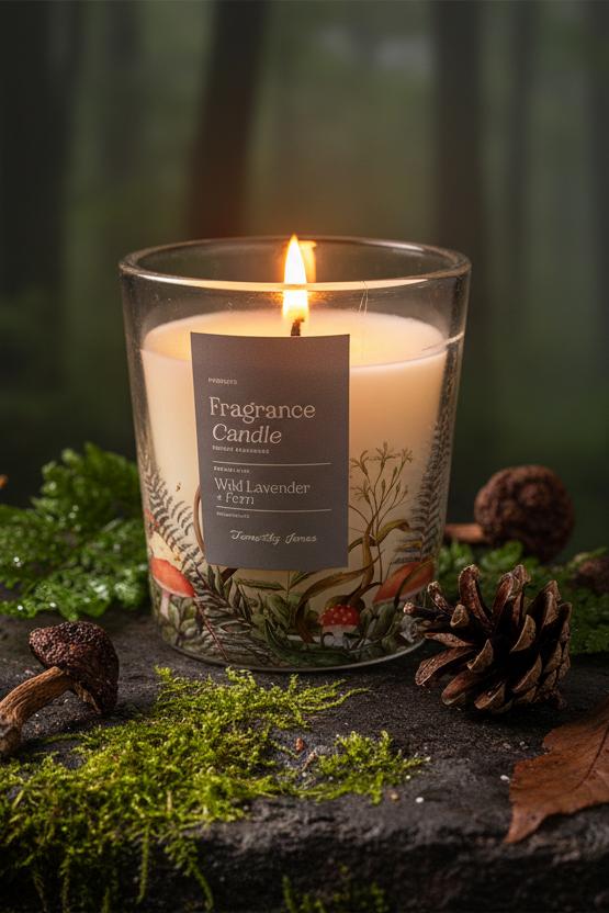 Woodland Mushroom Scented Candle in atmospheric forest setting